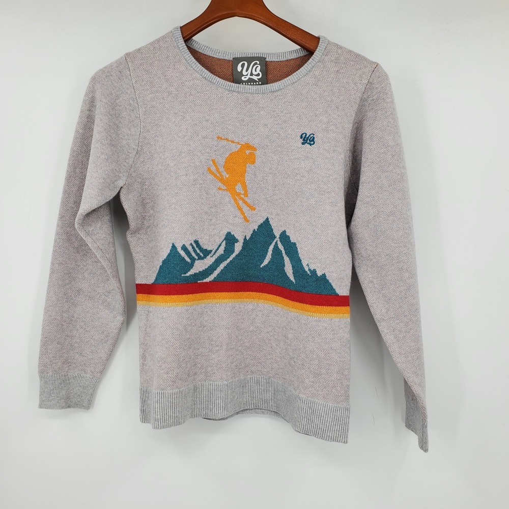 YoColorado Skier Mountain Intarsia Knit Sweater Gray Stripe XS NWT Apres Ski
